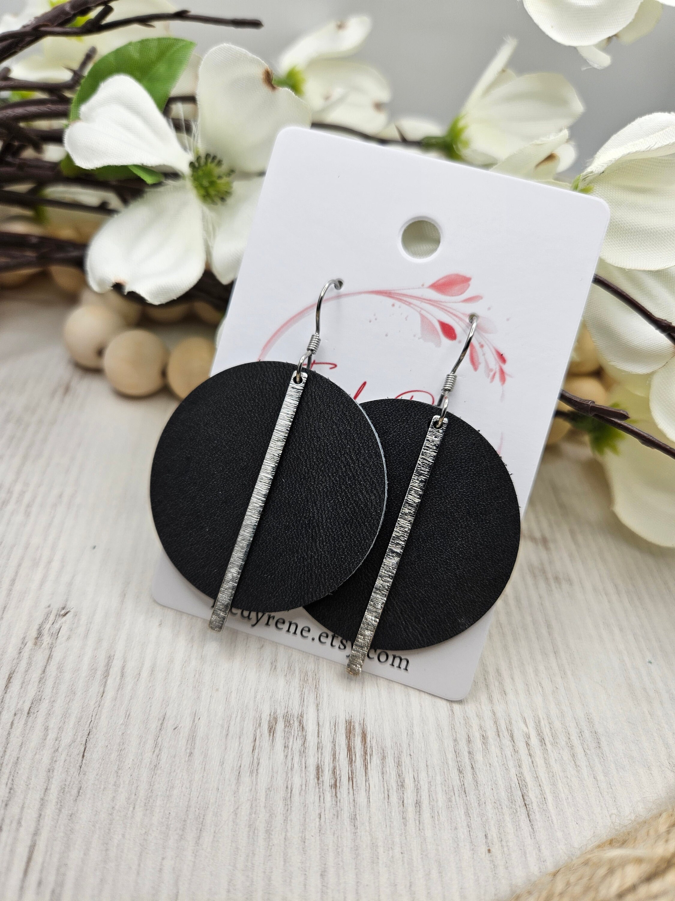 Stylish Dark Grey Leather Earrings with Silver Brass Bars - Handmade Genuine Leather Statement Earrings - Thumbnail 2