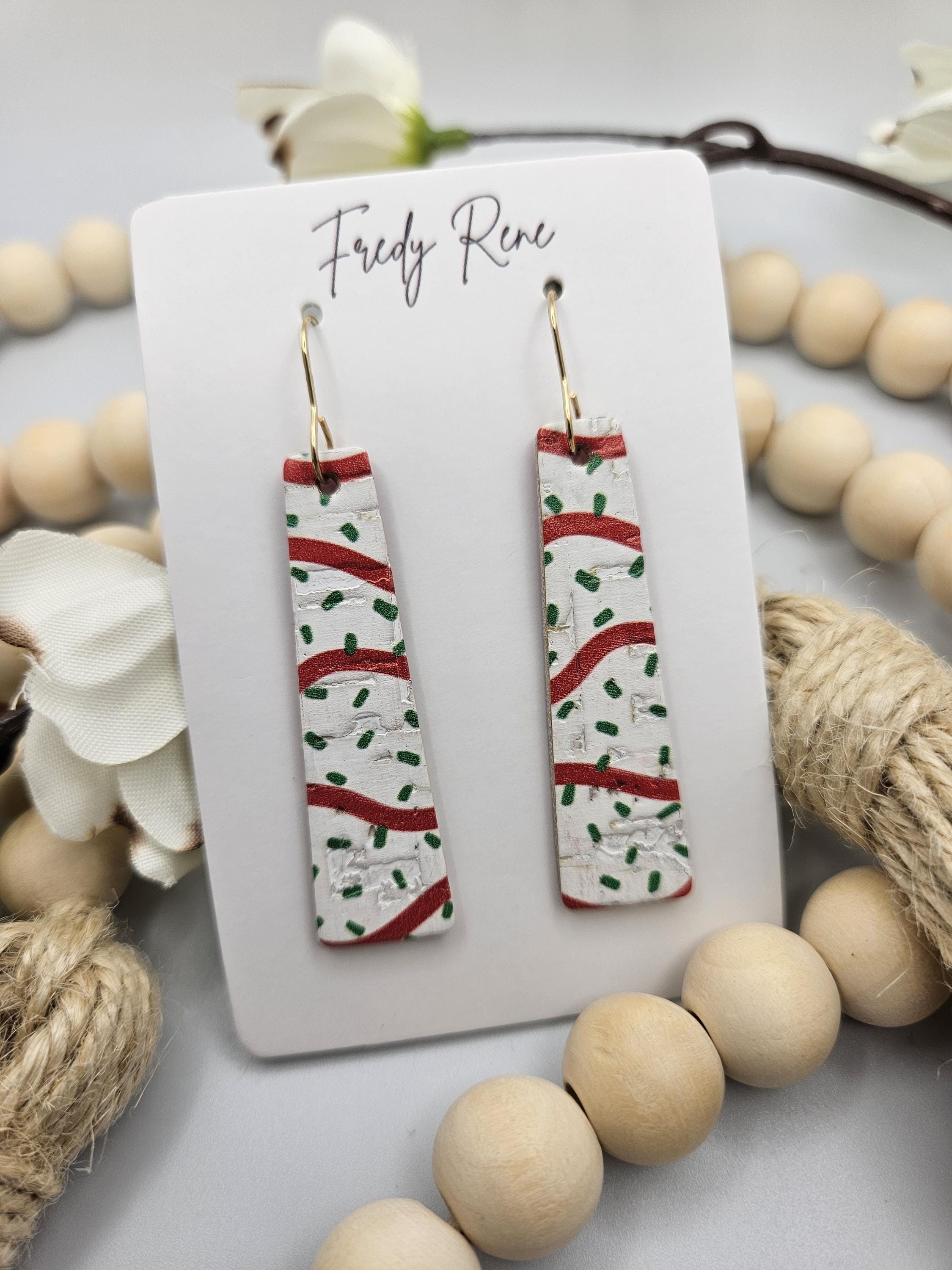 Christmas Cake Bar Cork Backed with Leather Earrings - Thumbnail 5