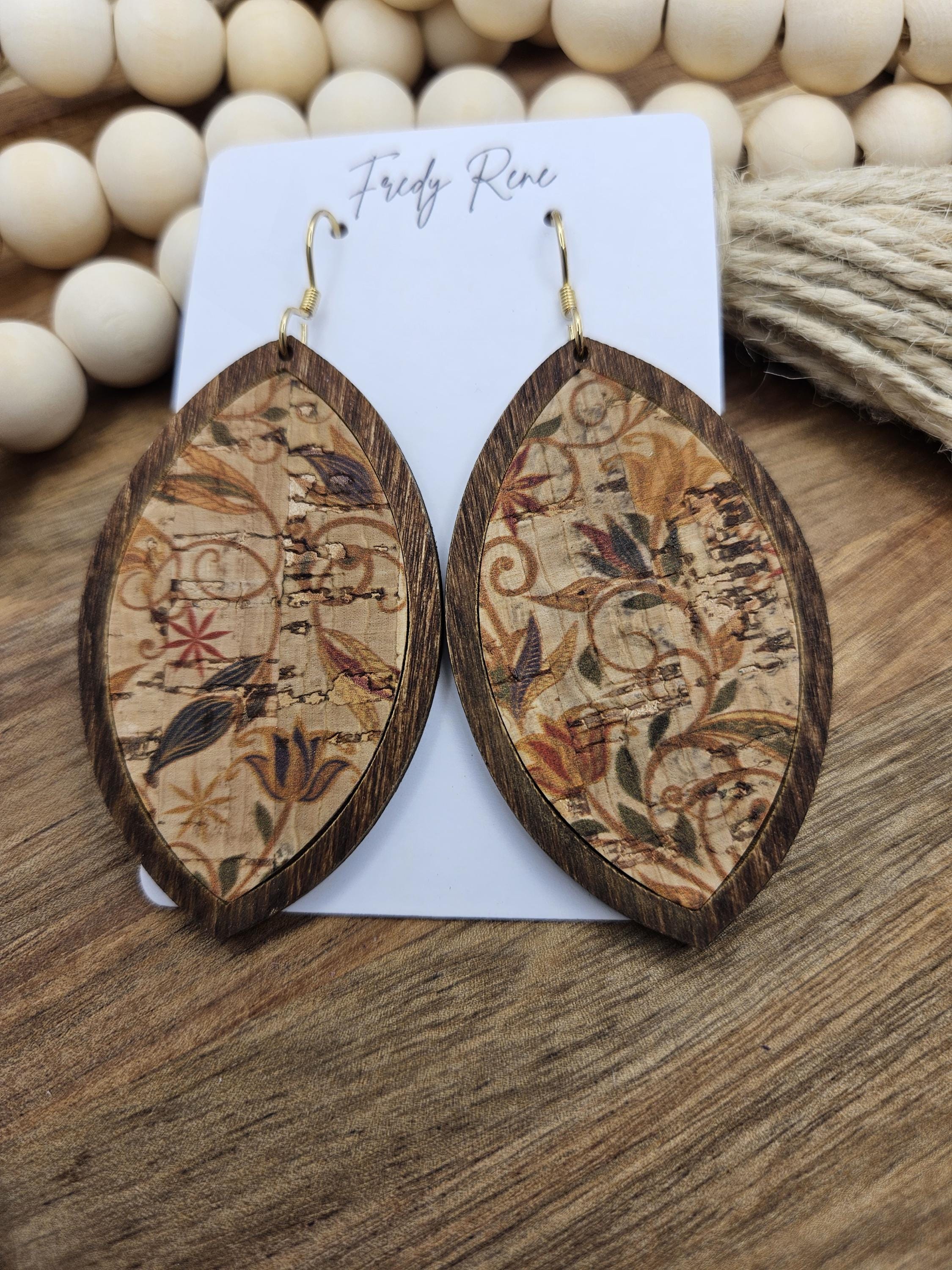 Handcrafted Large Floral Cork Earrings in Wooden Peatals - Thumbnail 3
