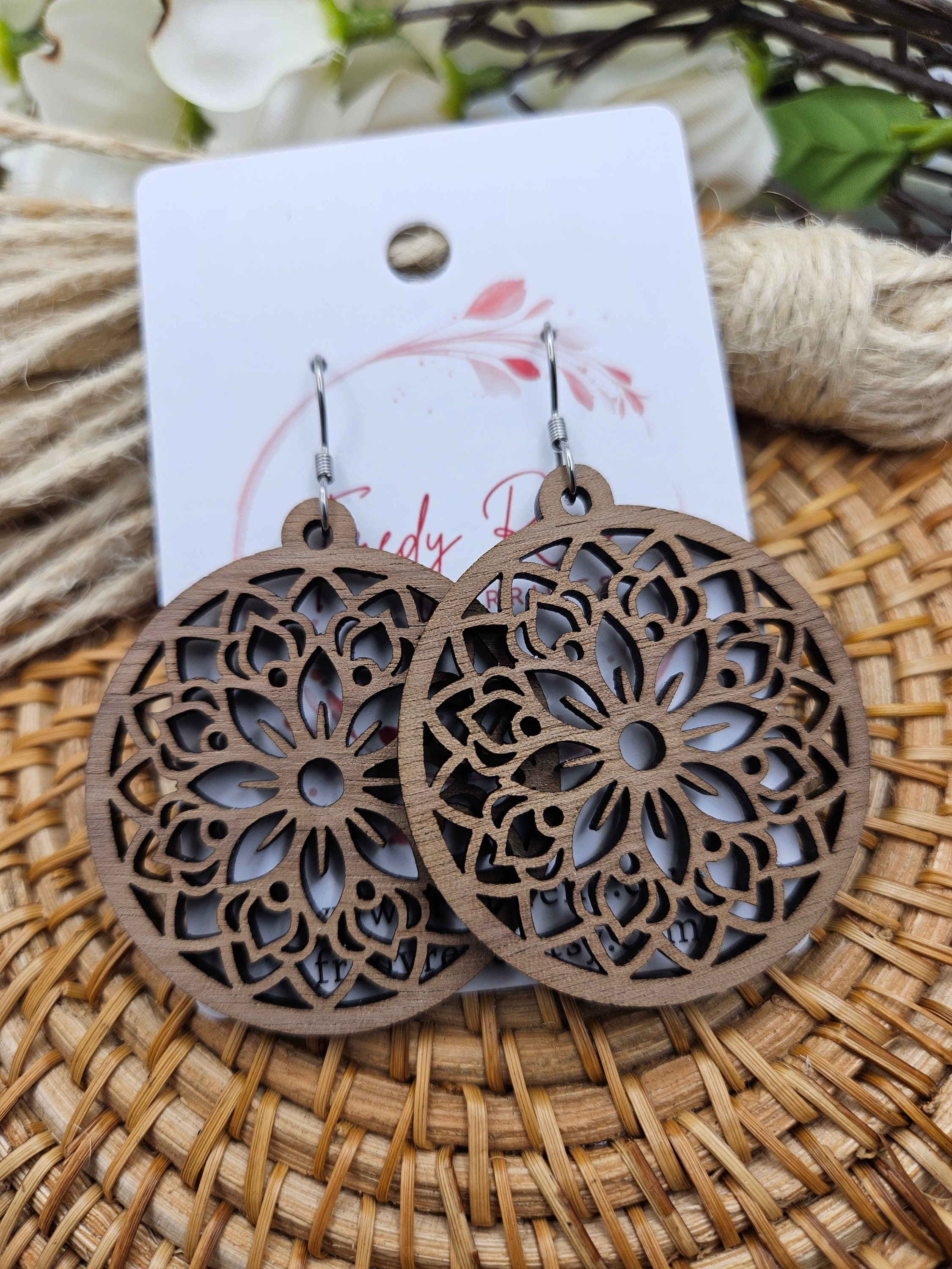Handmade Lightweight Floral Walnut Colored Wood Earrings for Everyday Wear - Thumbnail 4