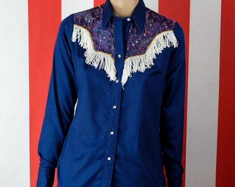 1980s Fringed Navy Blue Snap Button Western Shirt
