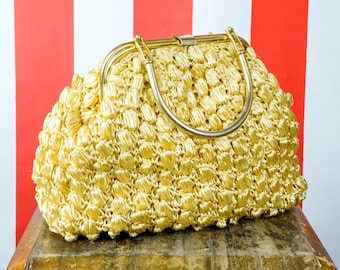 1950s Large Woven Yellow Raffia Handbag with Gold Tone Handle & Frame