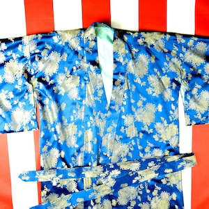1960s 1970s Blue and Gold Floral Brocade Satin Brocade Kimono with Belt