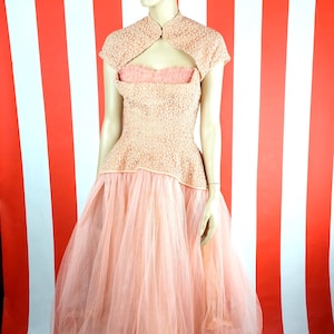 1950s Pink Prom Dress Ballerina Ball-Gown with Matching Bolero Jacket