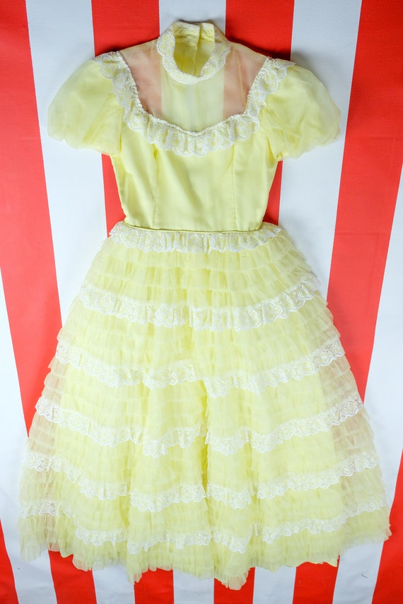 1960s Pale Yellow Ruffle Skirt Floor Length Princ… - image 1