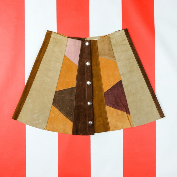 1960s Patchwork Suede Snap Button Mini Skirt