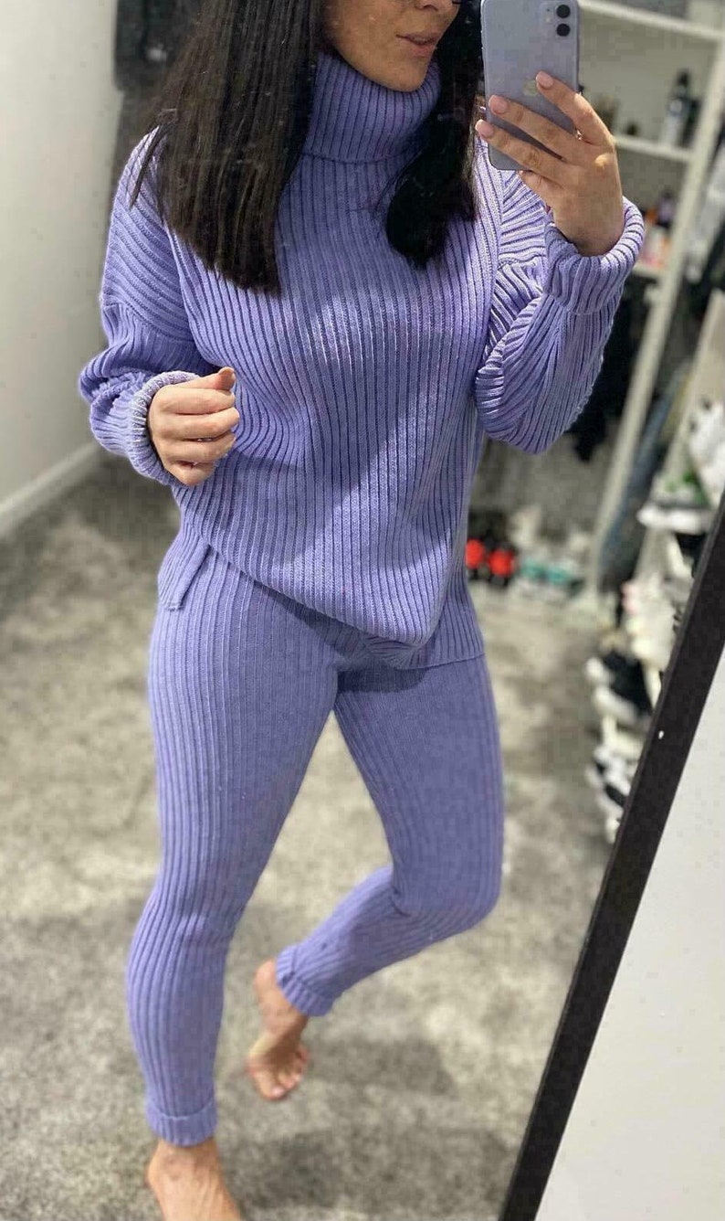 Details about   Women Chunky Cable Knitted High Roll Neck Top Bottoms Lounge wear Tracksuit Set 