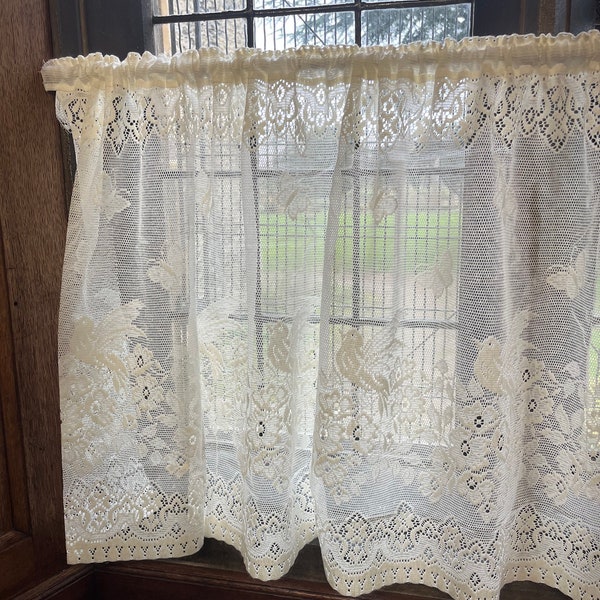 Cottage Victorian Design Birds & Butterfly Cotton Lace Curtain Panel 24"  drop Cafe Curtain Brise Bise ecru by the metre