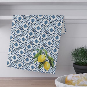 Italian Lemons Tea Towels - Blue Tile Pattern Kitchen Towels - Amalfi Coast Cotton Dish Towel