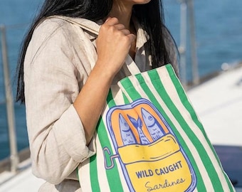 Sardines Tote Bags - Tinned Fish Graphic, Beachy Seaside Shoulder Bag