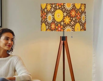 Retro Floral Tripod Floor Lamp - Wooden Legs (Made in USA)