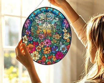 Stained Glass-Look Suncatcher - Floral Window Hanging (Made in USA)
