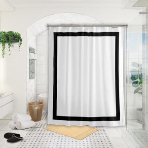 Shower Curtain White With Black Border - Elegant Hotel Style Bath Curtain - Sophisticated Bathroom Decor