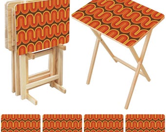 Retro 70's TV Trays with Storage Rack - Orange Brown Yellow Design