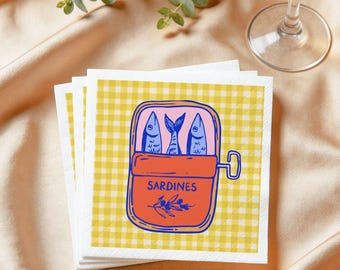 Sardines Gingham - 50 Pack Napkins - Cocktail or Luncheon Sizes - Fishermancore Style