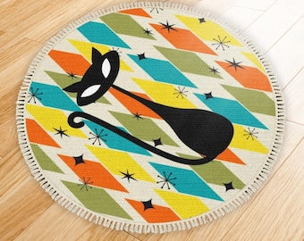 Atomic Cat Round Area Rug with Tassels - Midcentury Modern Carpet