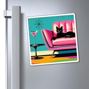 May include: A black cat lounges on a pink mid-century modern sofa with a martini glass on a side table. The background is a turquoise blue with a yellow and orange floor.