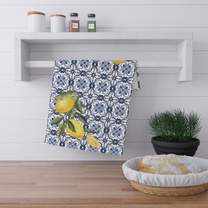 Amalfi Coast Lemons Tea Towel - Italian Tiles Kitchen Towel Decor - Cotton Twill or Poly