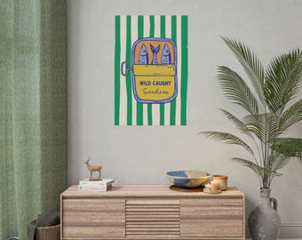 Wild Caught Sardines Poster Print - Retro Fish Can Illustration - Unframed