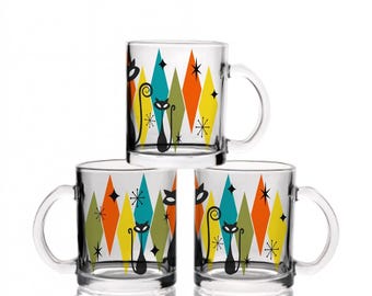 Atomic Cat Glass Coffee Cups (12oz) - Midcentury Modern Mugs