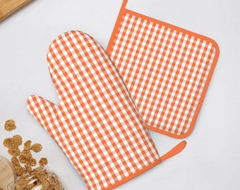 Orange Gingham Oven Mitt and Pot Holder Set - Country, Fall Kitchen Accessories