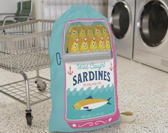 Sardines Print Laundry Bag - Nautical Decor Laundry Tote - Beach House Essentials - Gift for Fishermen or Fishing Lovers
