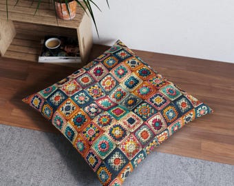Colorful Crochet-Look Granny Square Tufted Floor Pillow - 2 Sizes