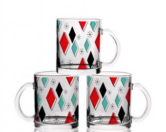 Retro Modern Glass Coffee Cups (12oz) Atomic Print Mugs