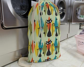 Atomic Cat Laundry Bag - Mid-Century Modern Laundry Tote - Colorful Storage Bag - Fun Gift for Cat Lovers - Retro Home Organization