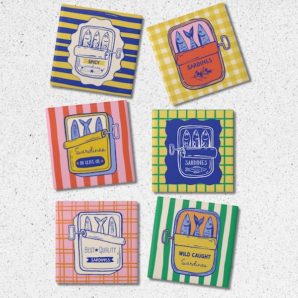 Sardine Coasters - Set of 6 Square Ceramic with Cork Backing and Metal Holder