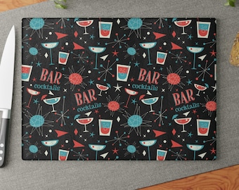Retro Cocktail Bar Pattern Glass Cutting Board - Mid Century Drinks Design