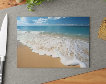 Ocean Wave Beach Scene Glass Cutting Board | Seaside Kitchen Decor