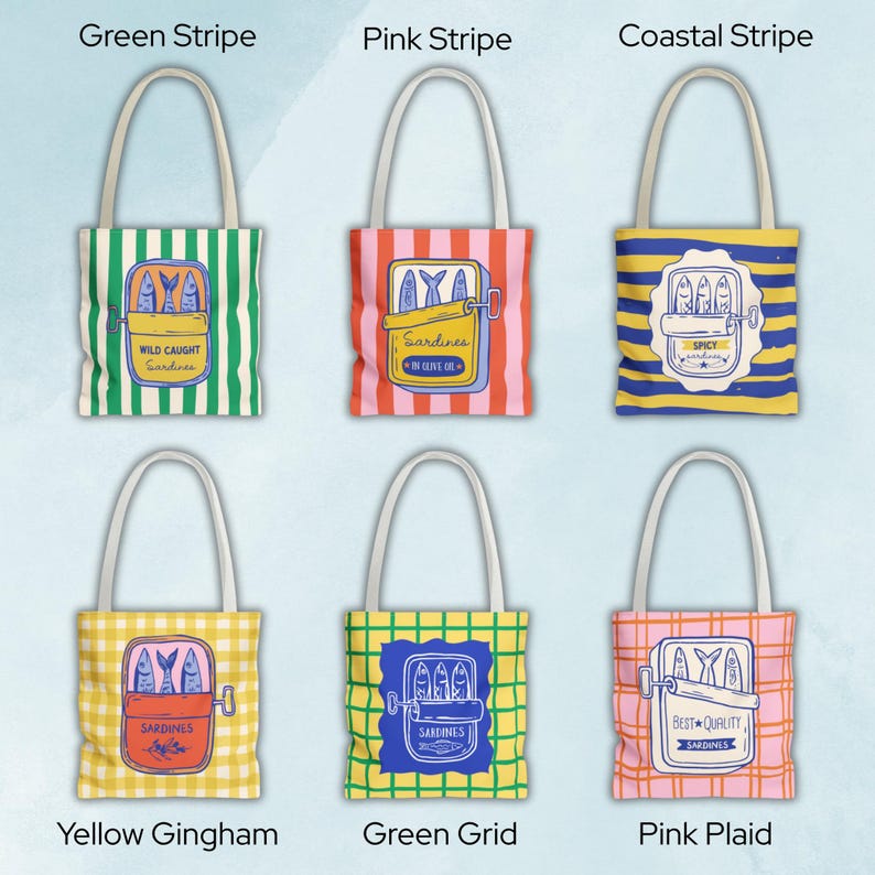 May include: Six tote bags with white handles, each featuring a sardine can design. The bags have different patterns: green stripes, pink stripes, coastal stripes, yellow gingham, green grid, and pink plaid. The sardine can illustrations vary in color and text.