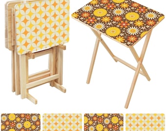 Retro Atomic Floral TV Trays with Storage Rack - Set of 4