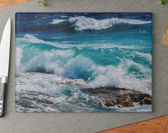 Ocean Waves Glass Cutting Board | Turquoise Sea Beach Scene
