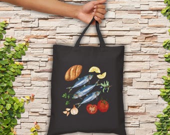 Rustieke draagtas sardines - perfect voor de boerenmarkt - milieuvriendelijke boodschappentas - cadeau voor koks en fijnproevers - canvas boodschappentas