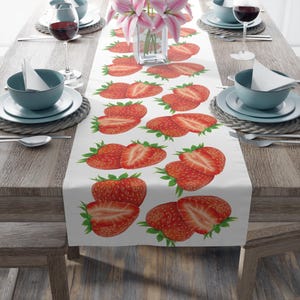 Strawberry Pattern Table Runner - Realistic Strawberries Decor - Summer Dining Tablescape - 2 Sizes