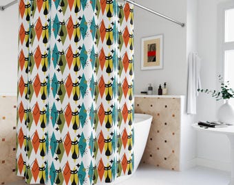 Mid Century Modern Duschvorhang, Atomare Katzen Retro-Design, 178x178 Cm, Polyester, Mit Metallösen, Beige