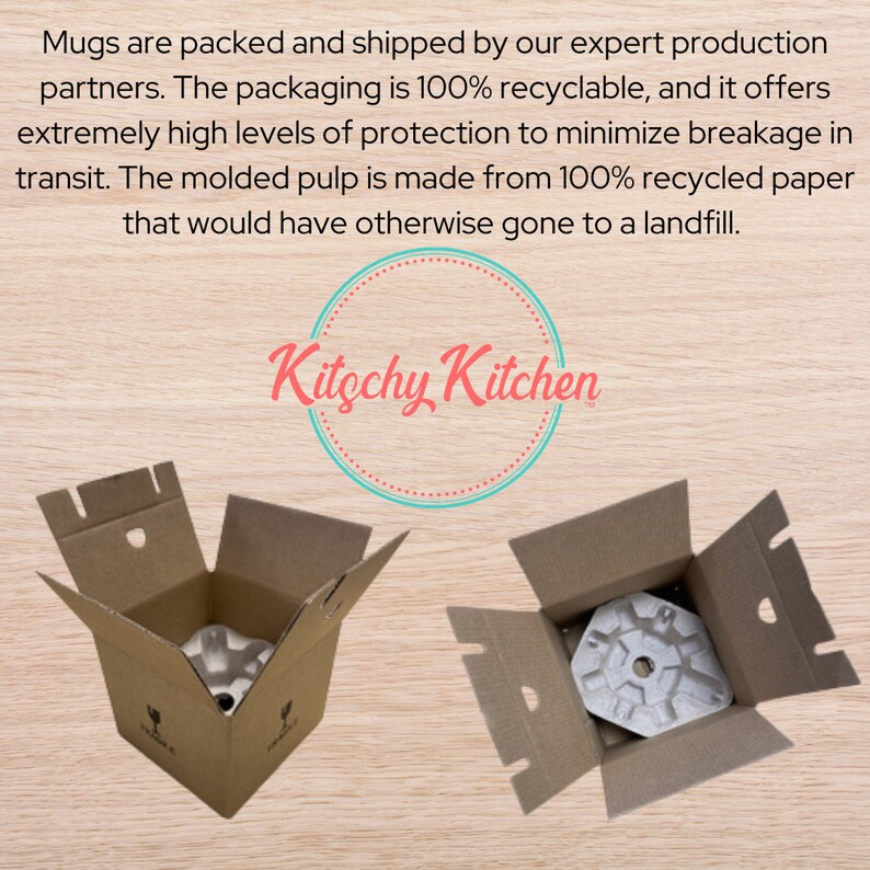 May include: Two open cardboard boxes with a white molded pulp insert for shipping mugs. The boxes are brown and have a white logo that says "Kitschy Kitchen".