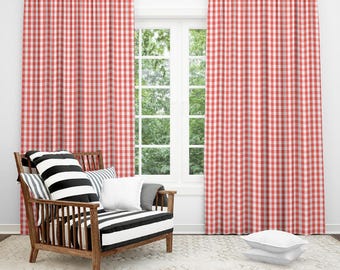 Red Gingham Curtains with Hooks - Many Sizes