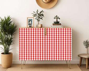Red Gingham Storage Cabinet - Small Credenza (Made in USA)