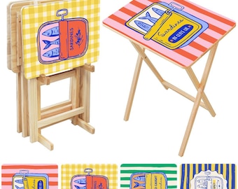 Colorful Sardines Designs on Wood TV Trays with Storage Rack