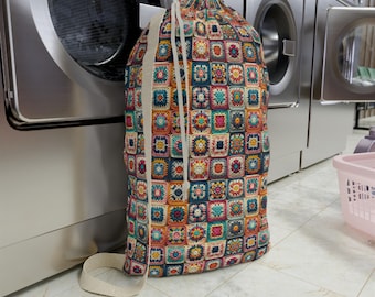 Granny Square Laundry Bag - Colorful Boho Storage Tote - Cute Hamper - Fabric Laundry Organizer - Gift for Grandma