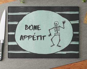 Bone Appétit skeleton art Glass Cutting Board | Halloween kitchen decor