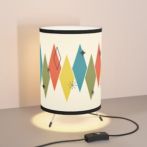 Retro Mid-Century Modern Tripod Table Lamp with Colorful Geometric Printed Shade