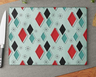 Mid Century Diamond Pattern Glass Cutting Board - Retro Atomic Kitchen Decor