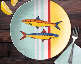Sardines Dinner Plates - Rustic Dining Decor - Coastal Dishes - Sardine Art Dish Set