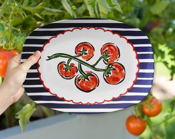 Tomatoes Serving Platter with Blue Stripes