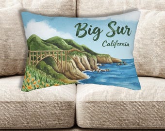 Big Sur California Lumbar Pillow with Bixby Bridge in Watercolor