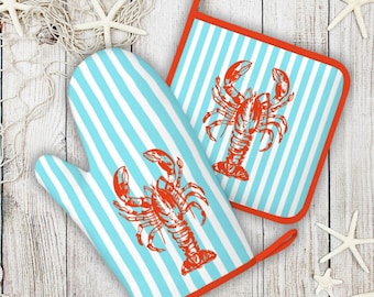 Lobster Oven Mitt and Pot Holder Set - Coastal Kitchen Decor - Oceancore - Seafood Lover Gift